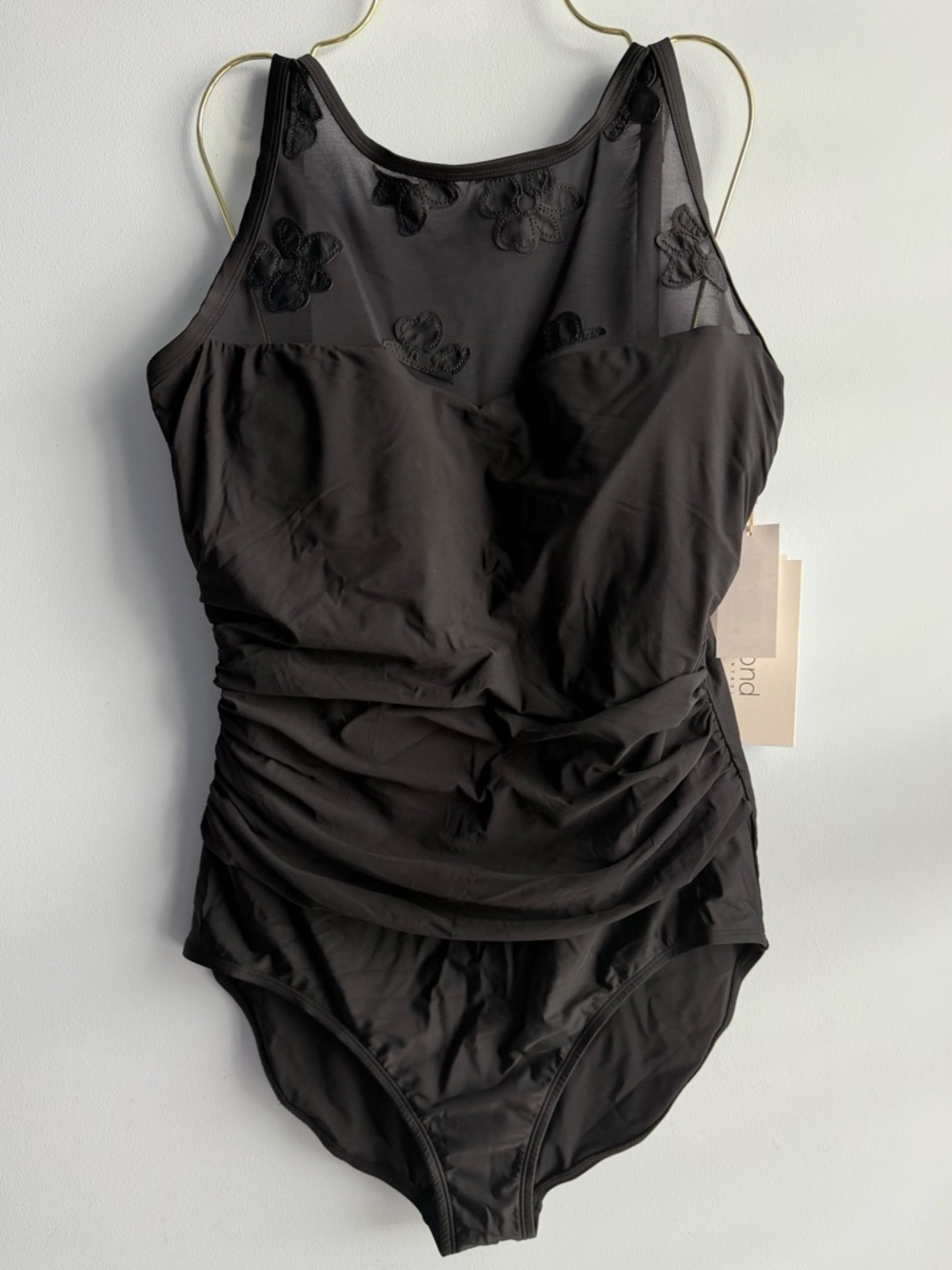 Beyond Control Women's Black Textured Mesh High-Neck Swimsuit Size 16